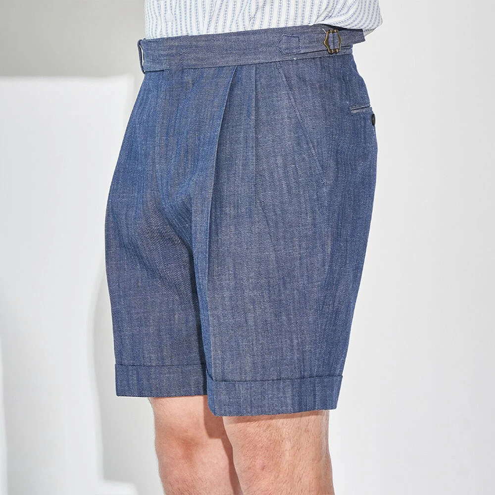 ALCPT013 Two Pleats 牛仔 半 褲子_blue