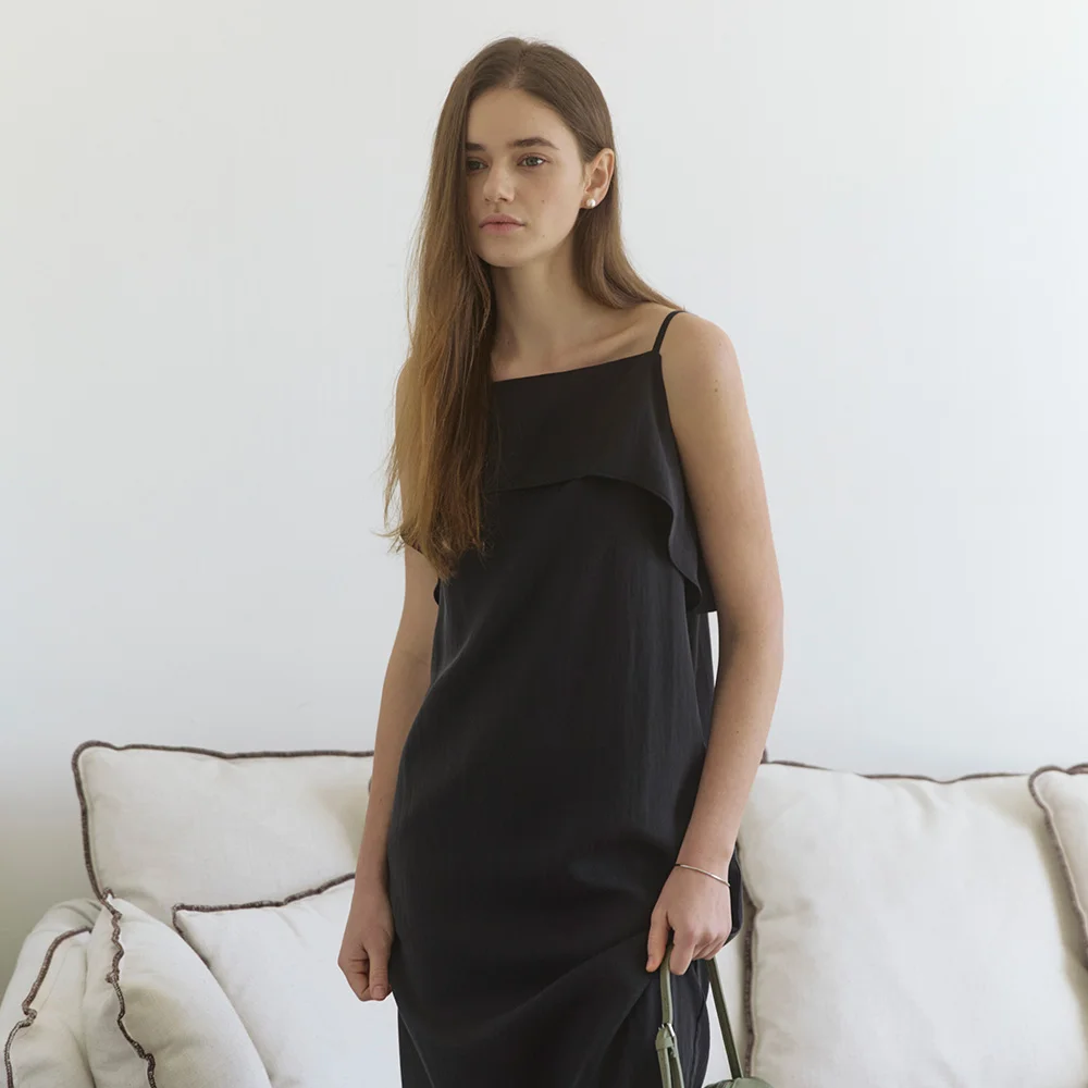 Ruffle slip long dress - black