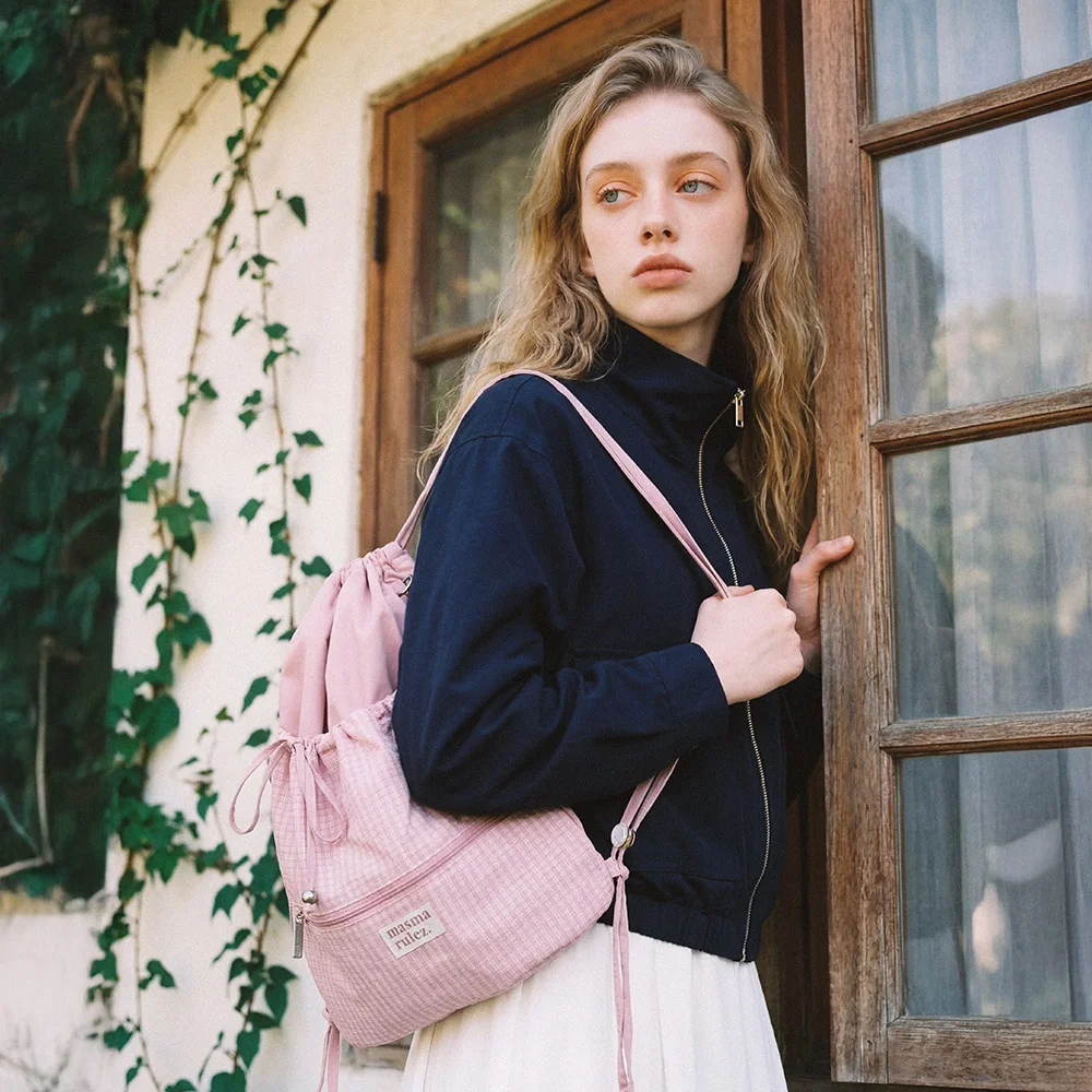 Ribbon gym sack_Check fog pink