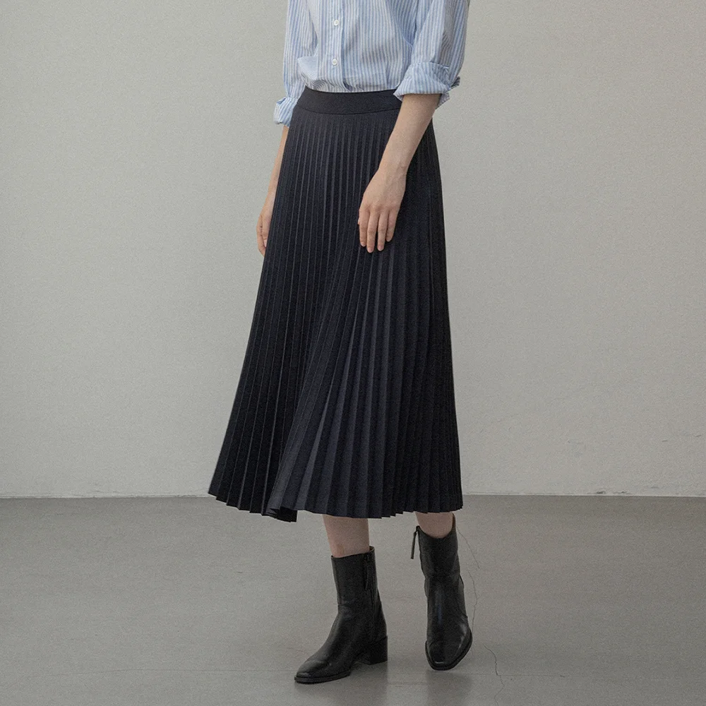SIST9041 羊毛 混紡 百褶 半身裙_Deep navy