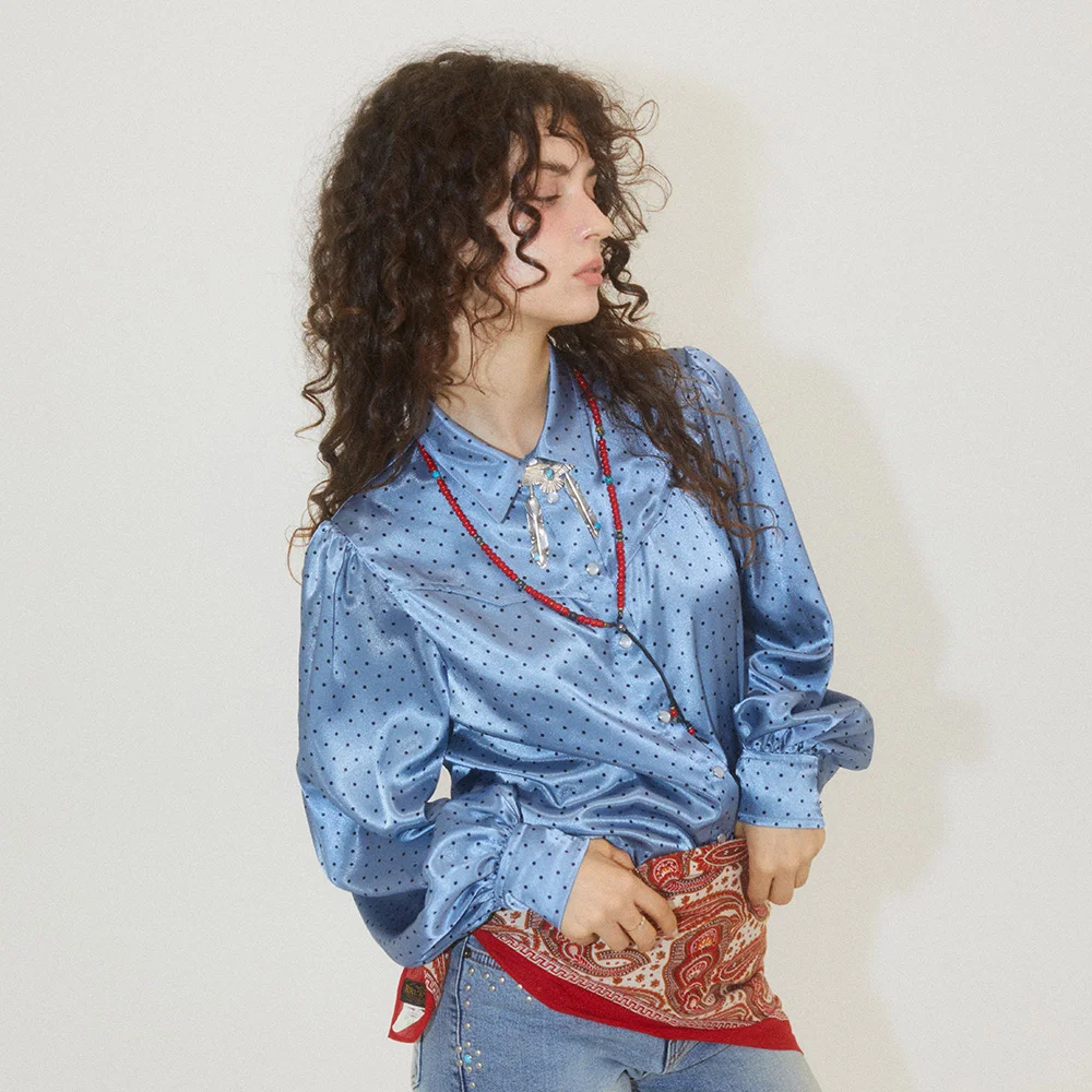 SATIN RODEO POLKA BLOUSE BLUE