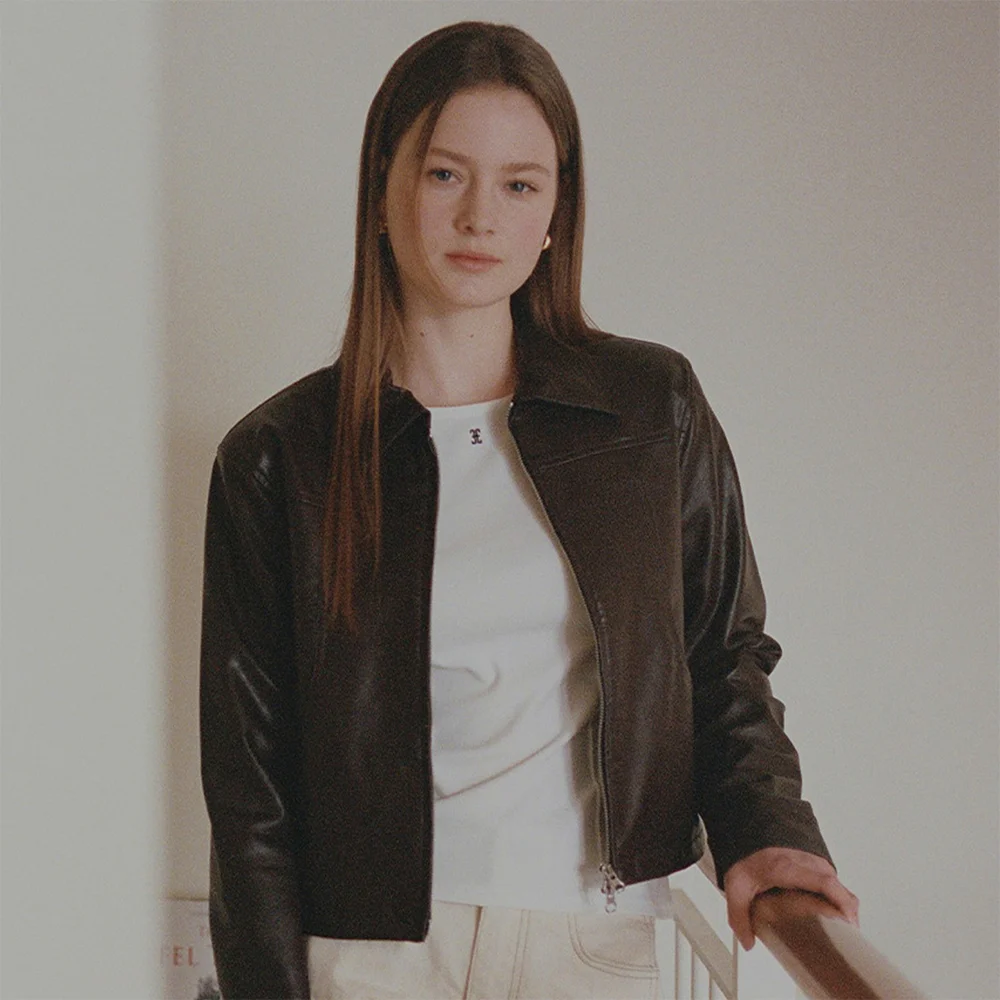 FAUX LEATHER CROP JACKET (BROWN)