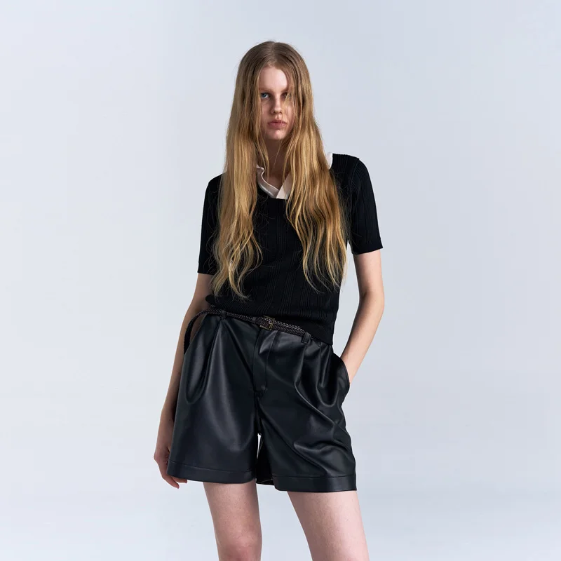 W RIBBED KNIT POLO SHIRT - BLACK