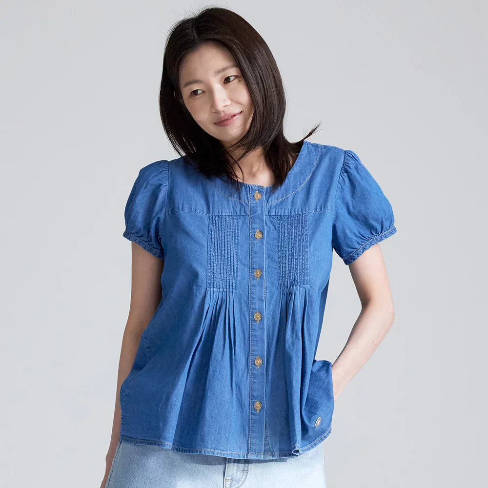 女裝 牛仔 短袖 雪紡衫 靛藍 中度