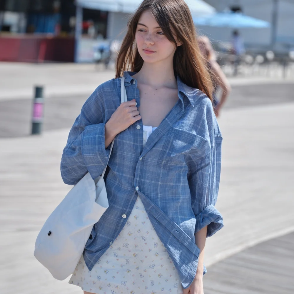 OVERSIZED Lc SHEER CHECKED SHIRT_BLUE