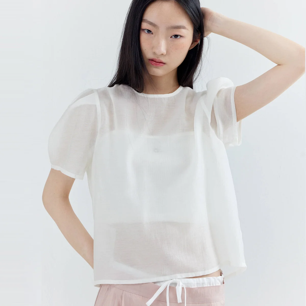 Puff Sleeve Basic Short-sleeved Blouse_White