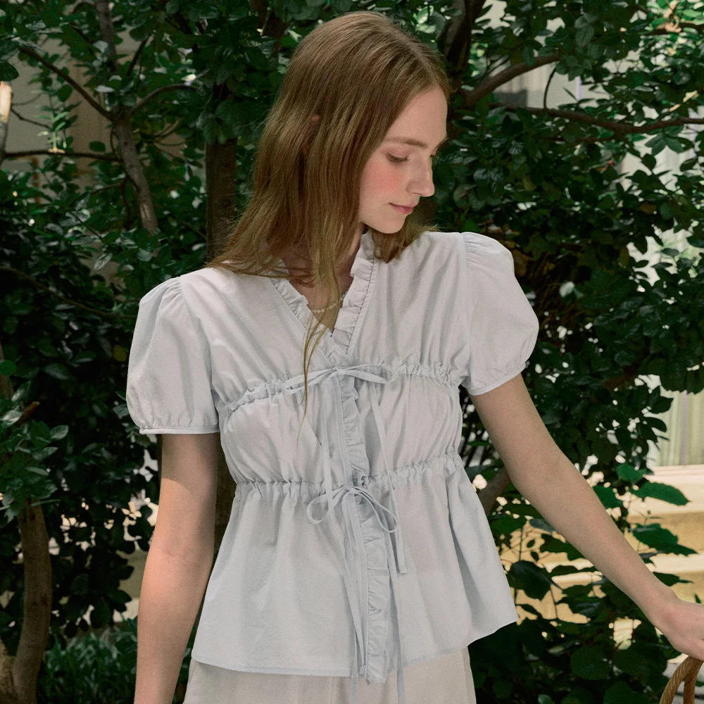 Ribbon Shirring Puff Sleeve Blouse - Light Blue