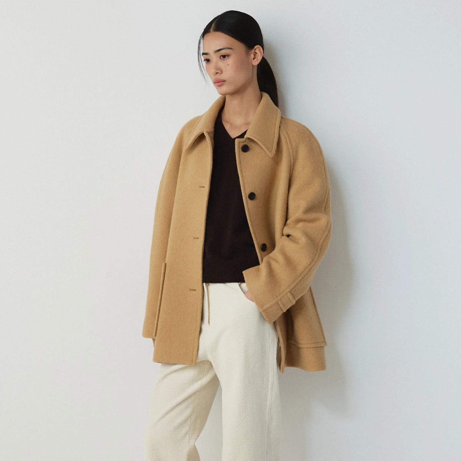 Wool Raglan Half Coat-Camel