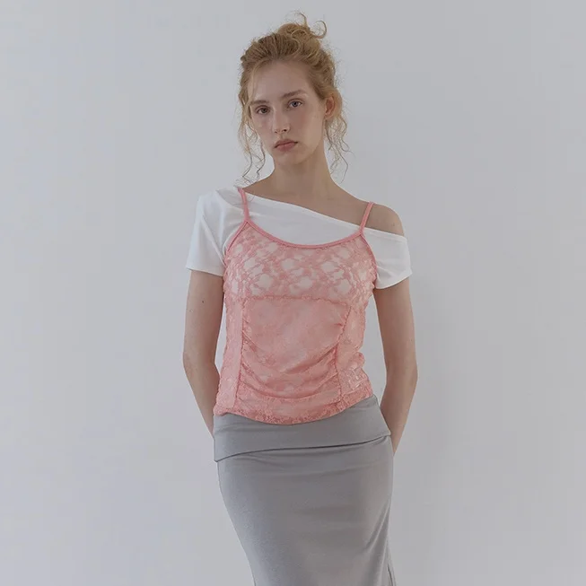 RUCHED LACE SLEEVELESS (PINK)