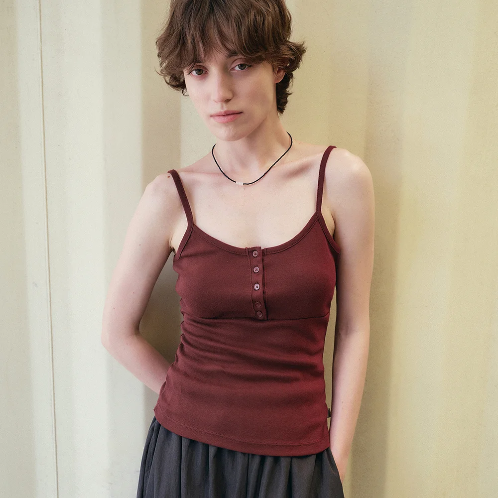 Button placket layered tank top_Burgundy