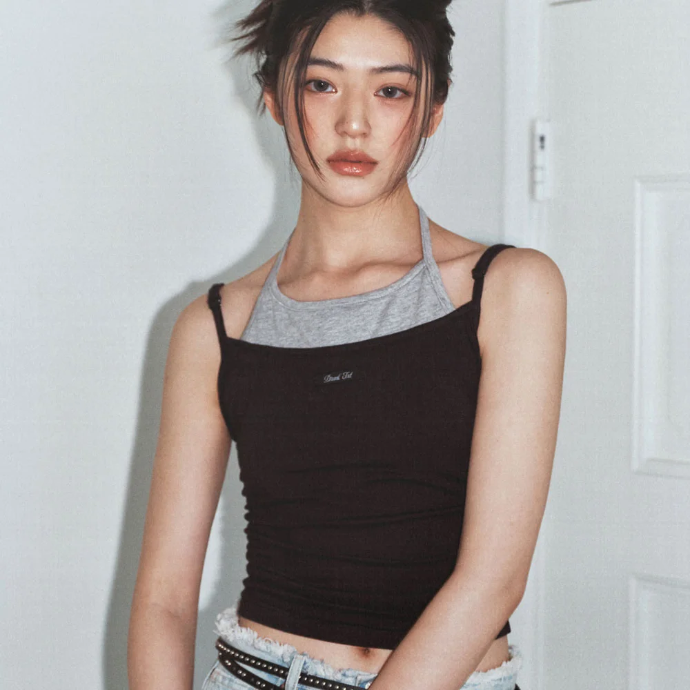Halterneck Layered Tank Top Gray & Black