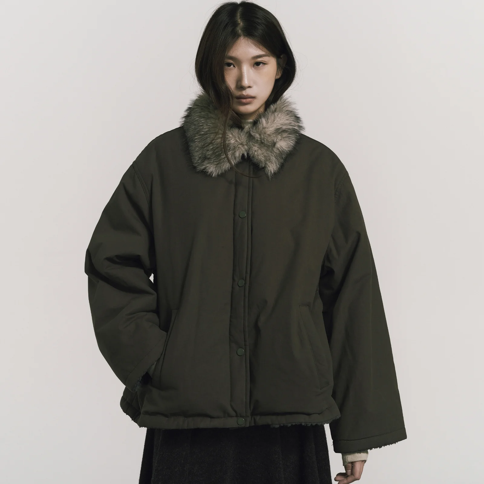 FUR HOOD SHORT JUMPER_KHAKI
