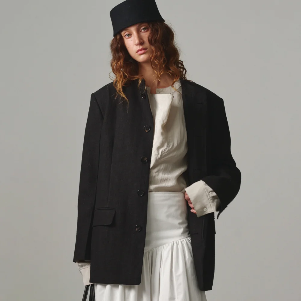 UNISEX, Oriental Linen Tailored Jacket / BLACK