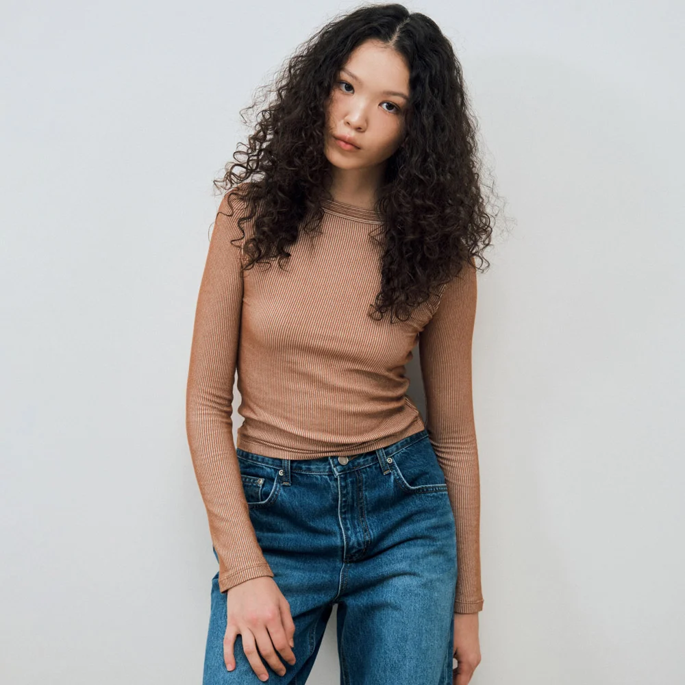 TWO-TONE RIBBED LONG SLEEVES TEE / BROWN