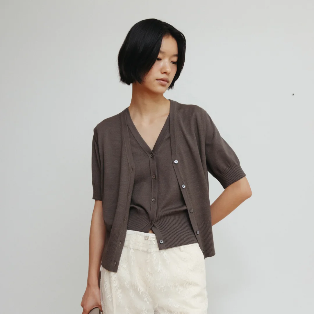 Basic short sleeve cardigan (ivory / light gray / khaki brown)