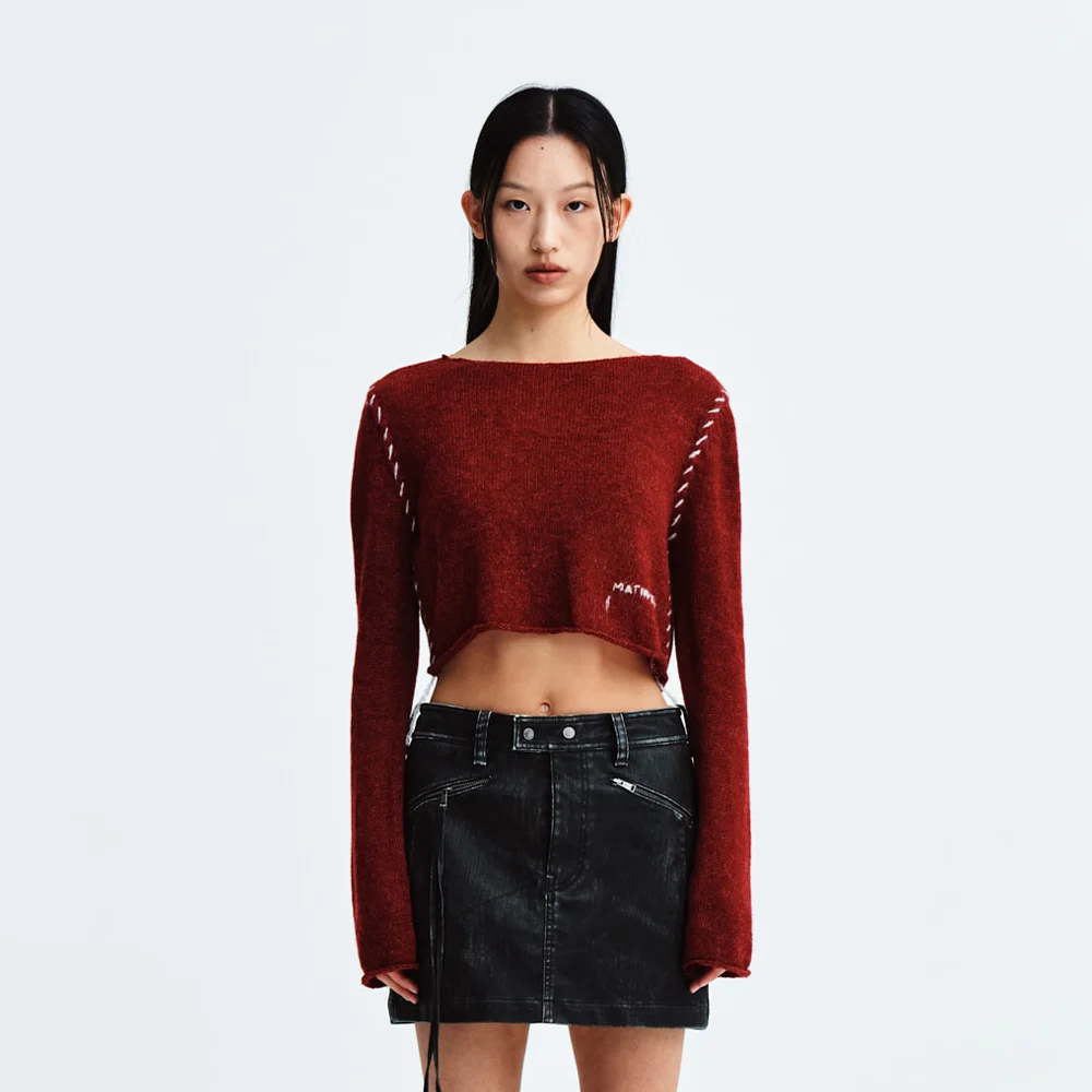 SLIMFIT SEE THROUGH STITCH KNIT TOP IN BURGUNDY