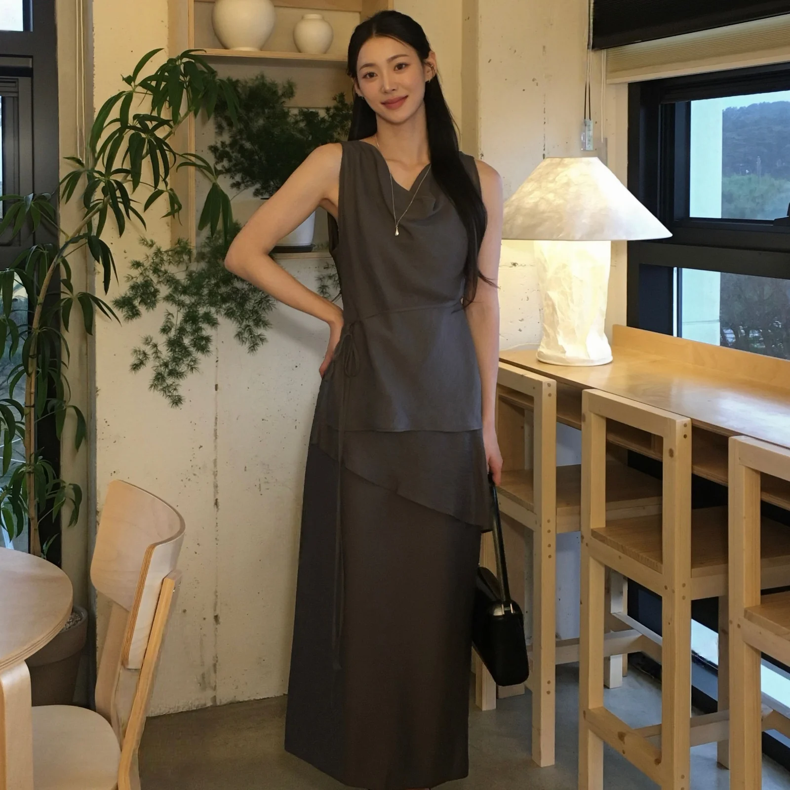 LAYER STRAIGHT SKIRT_CHARCOAL BROWN
