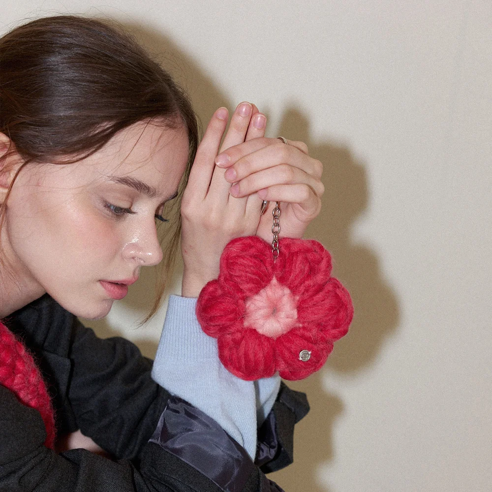 Wool 100% Handmade Crochet Big Flower Keyring _ Red