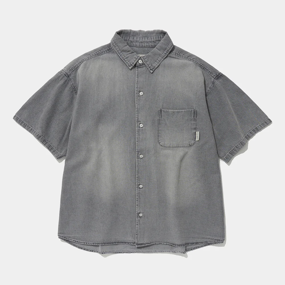 SPRAY WASHED ONE POCKET DENIM S/S SHIRTS_GRAY JEAN