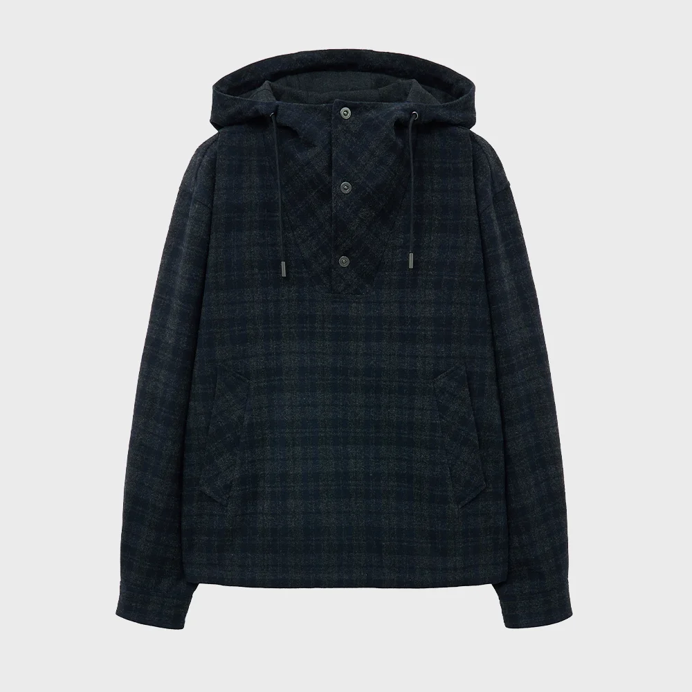 CHECK WOOL ANORAK HOODIE (NAVY)