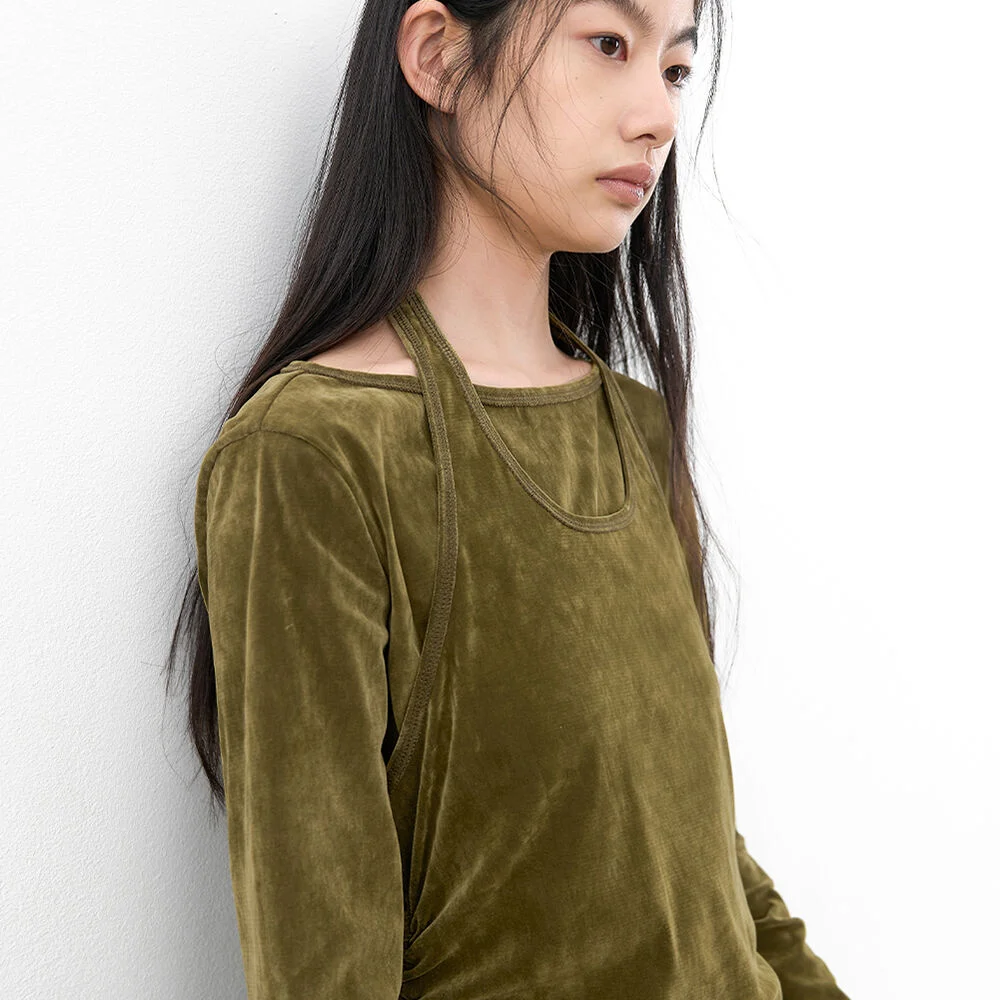 (T-7329)VELVET SHIRRED HALTER & BOATNECK TOP S