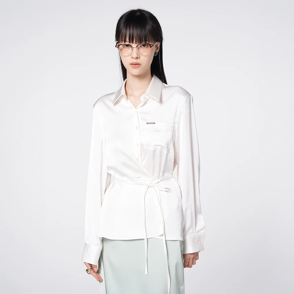 2-Way Asymmetric Wrap Satin Shirt Ivory