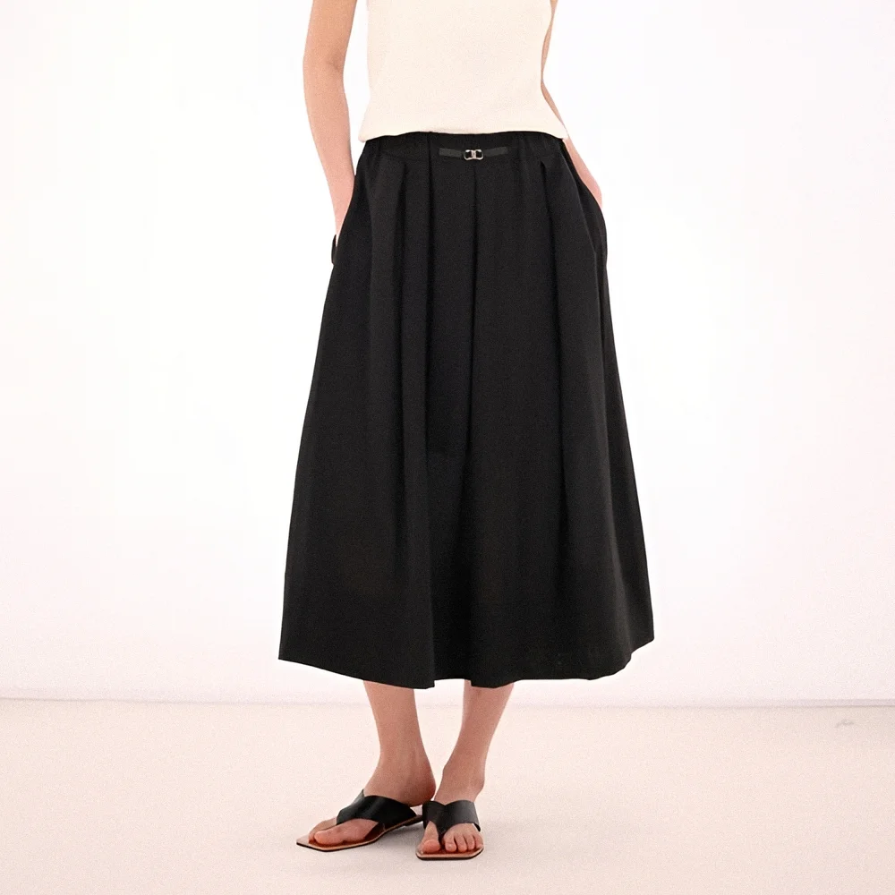 Linen Bending Pintuck Skirt _Black