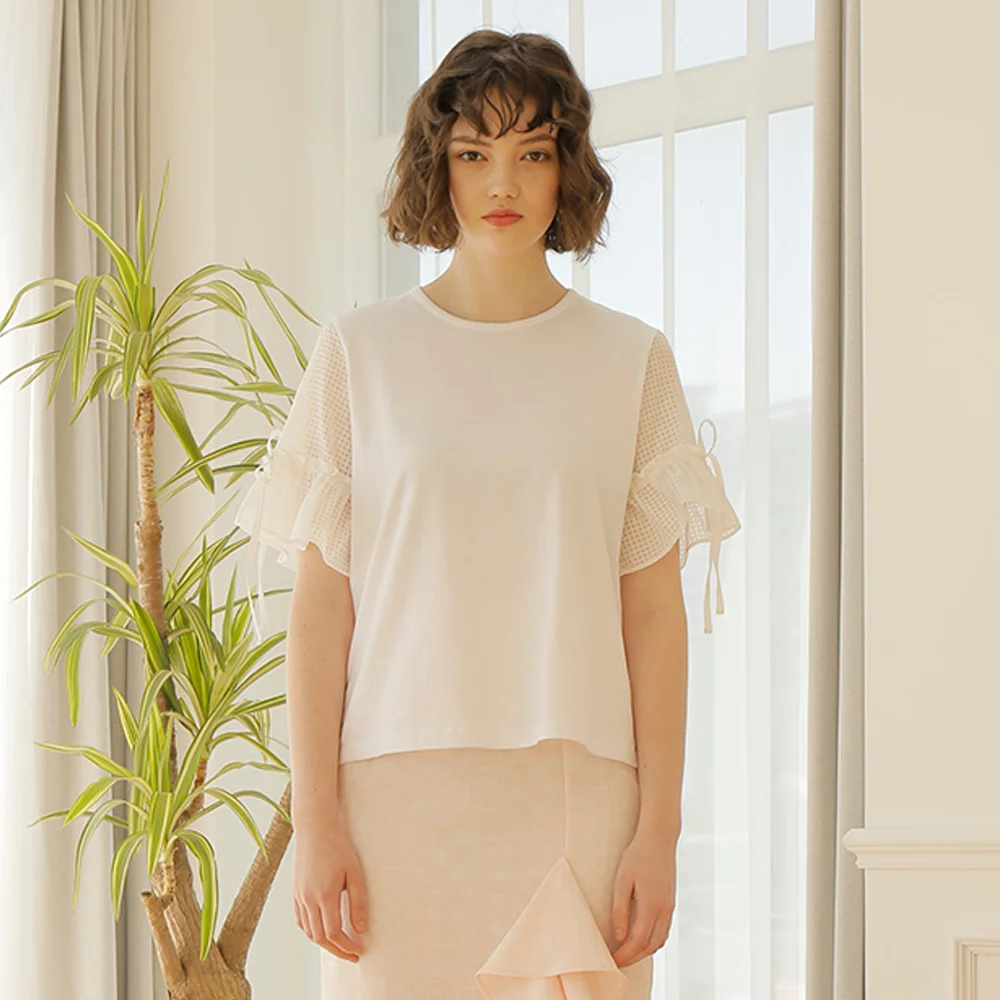 SEE-THROUGH CHECK SLEEVE T-SHIRTS _WHITE