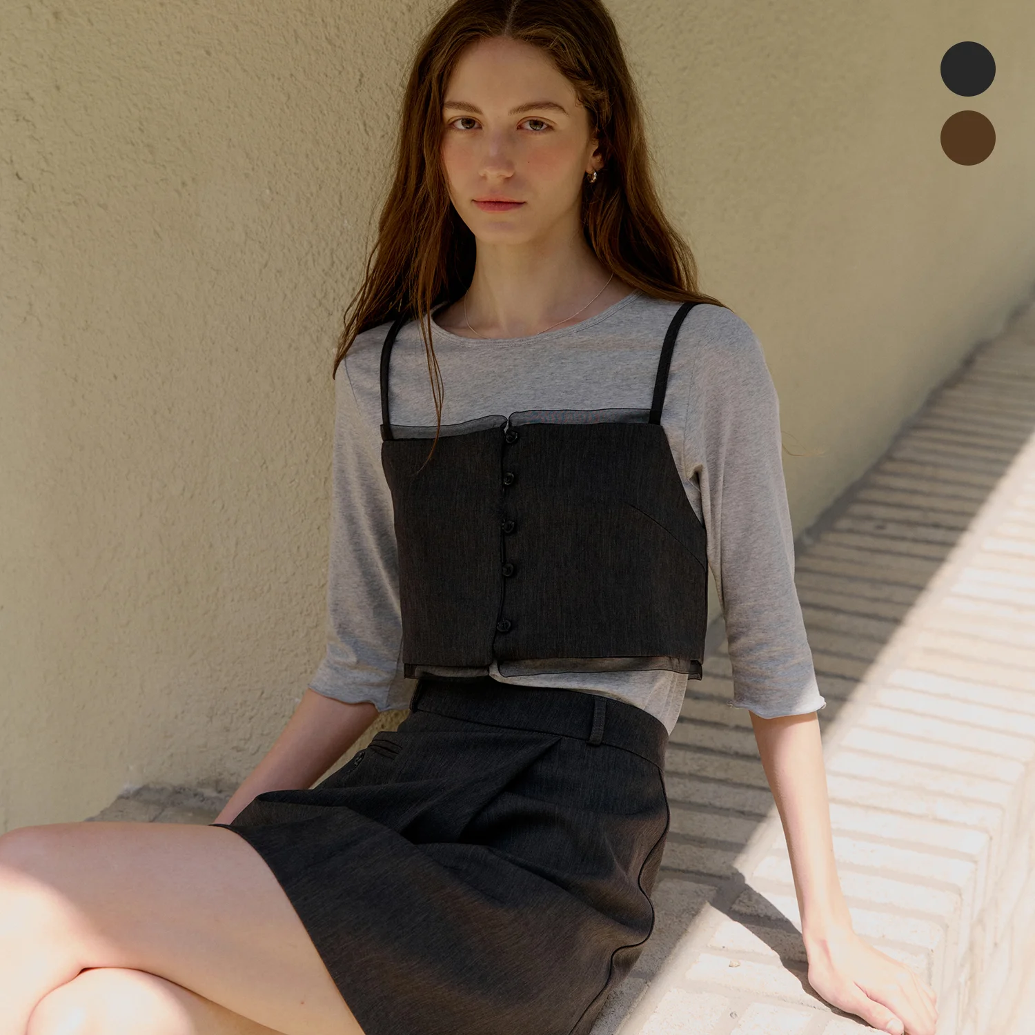 comos 1443 (set) organza detail bustier (charcoal)+pleated wrap mini skirt (charcoal)