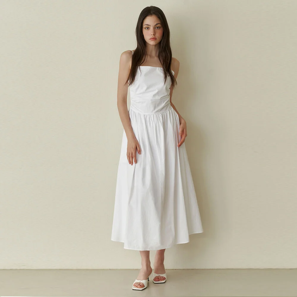 Pure semi shirring long dress - white