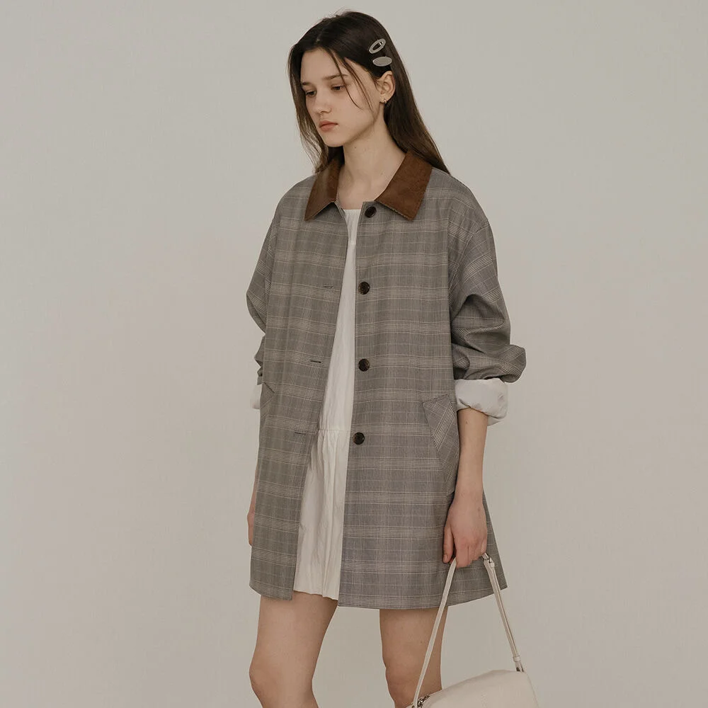 Leather point check trench coat _Gray