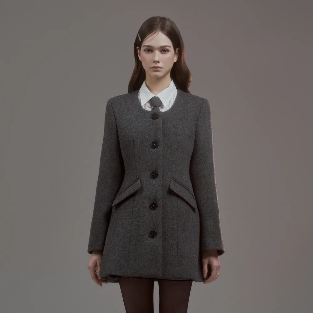 Emma String Round Neck Coat - Grey