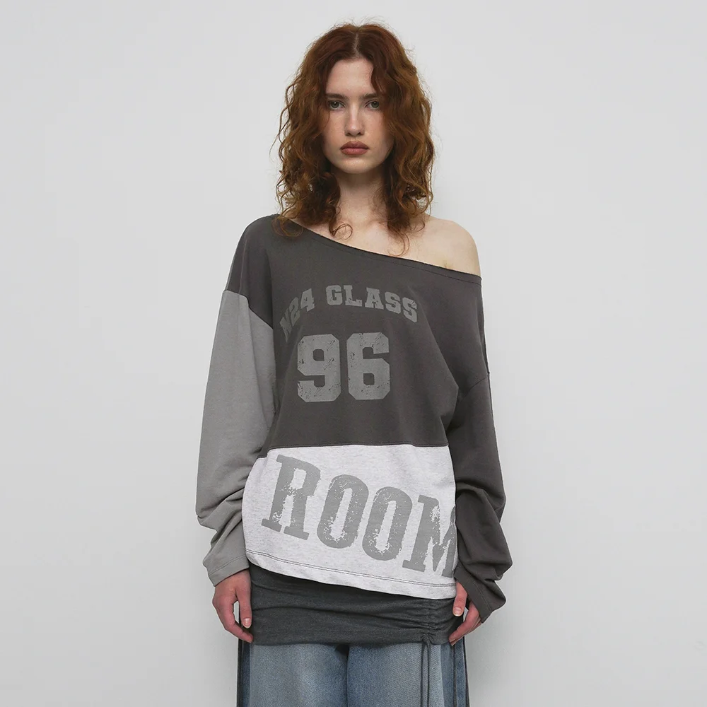 ONE SHOULDER COLOR BLOCK T-SHIRT_BROWN
