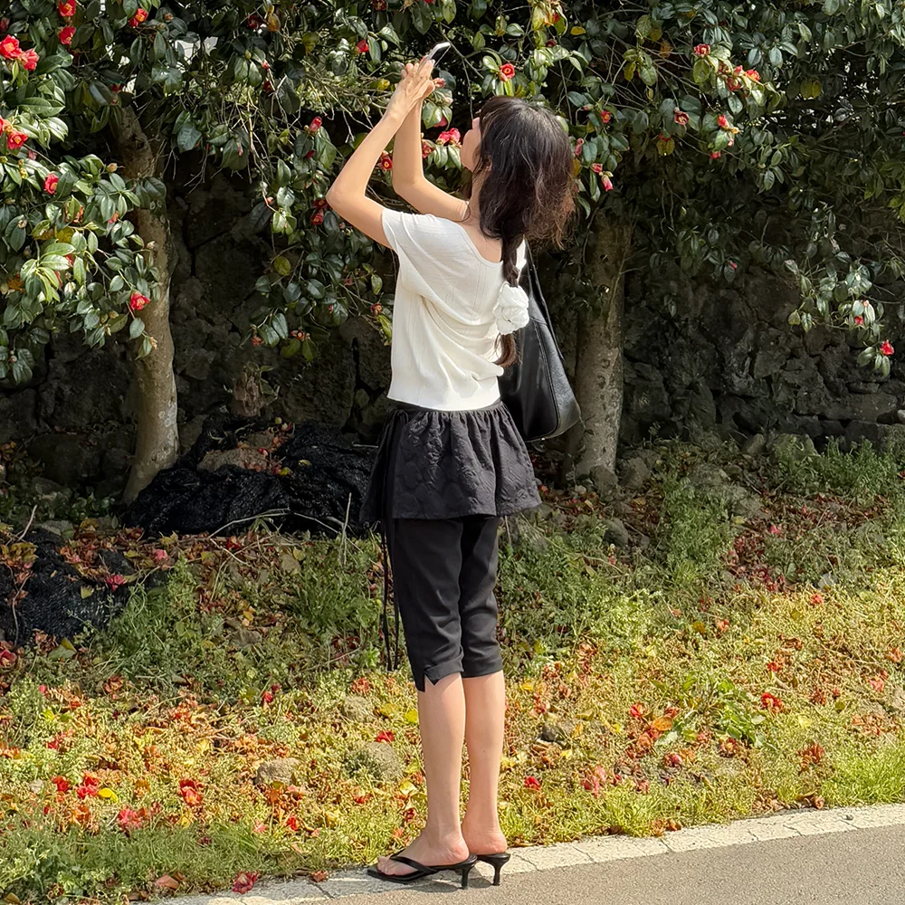 玫瑰色 壓紋 層次 半身裙 ( 黑色 )