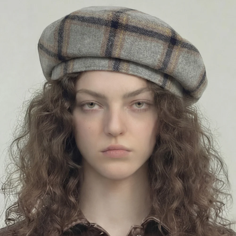 羊毛 格紋 圖案 冬季 女裝 日常 報童帽 貝雷帽 FULL MOON BERET / WOOL CHECK / SMOKE GREY