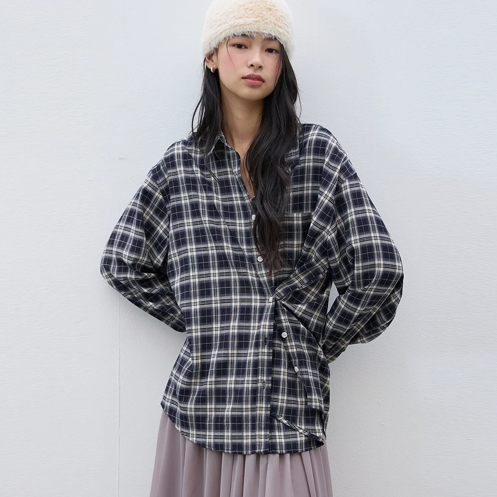 Side Button Check Shirts Navy