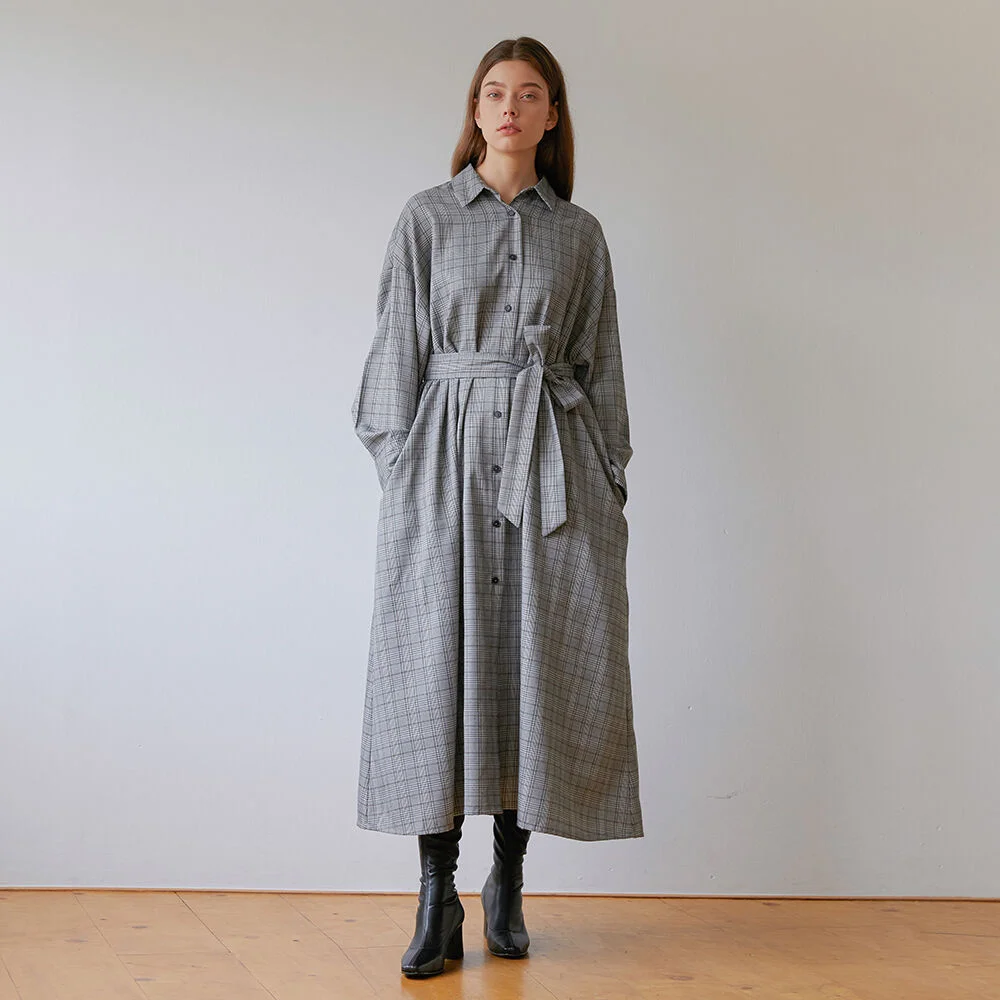 CHECK MAXI SHIRT DRESS - GRAY