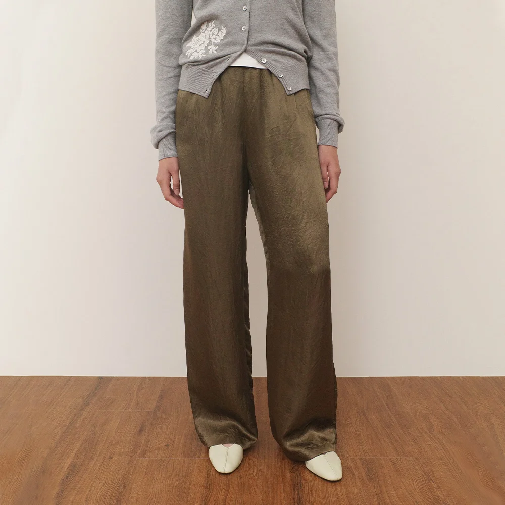 GLOSSY SATIN BANDING PANTS - KHAKI
