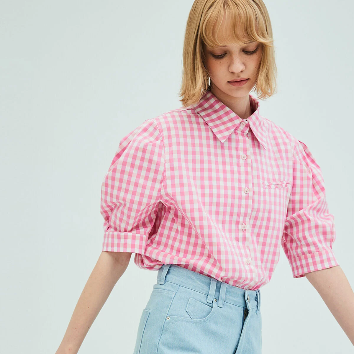 Puff Short Sleeve Check Blouse_Pink