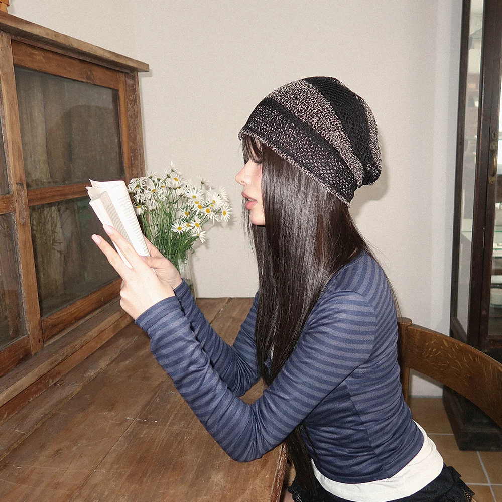 Stripe Sparkle Beanie -Black Beige