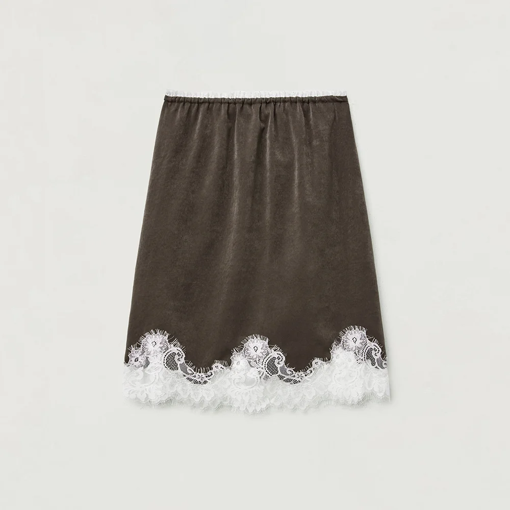 Cecillia satin lace midi skirt_brown