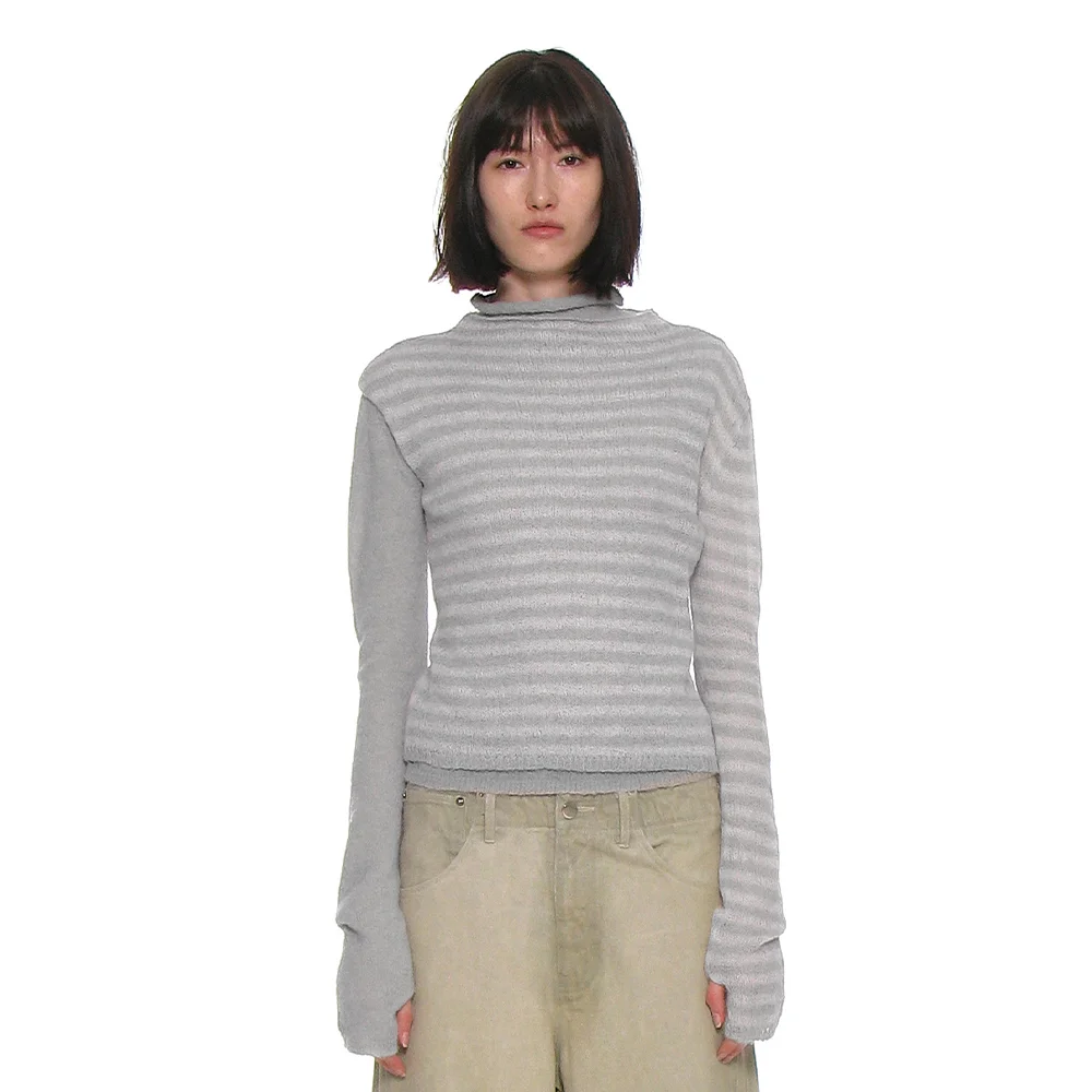 DOUBLE LAYERED MOCK NECK KNIT TOP_GREY STRIPE