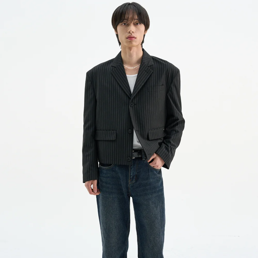 訂製 3b 短版 西裝外套_條紋 黑色