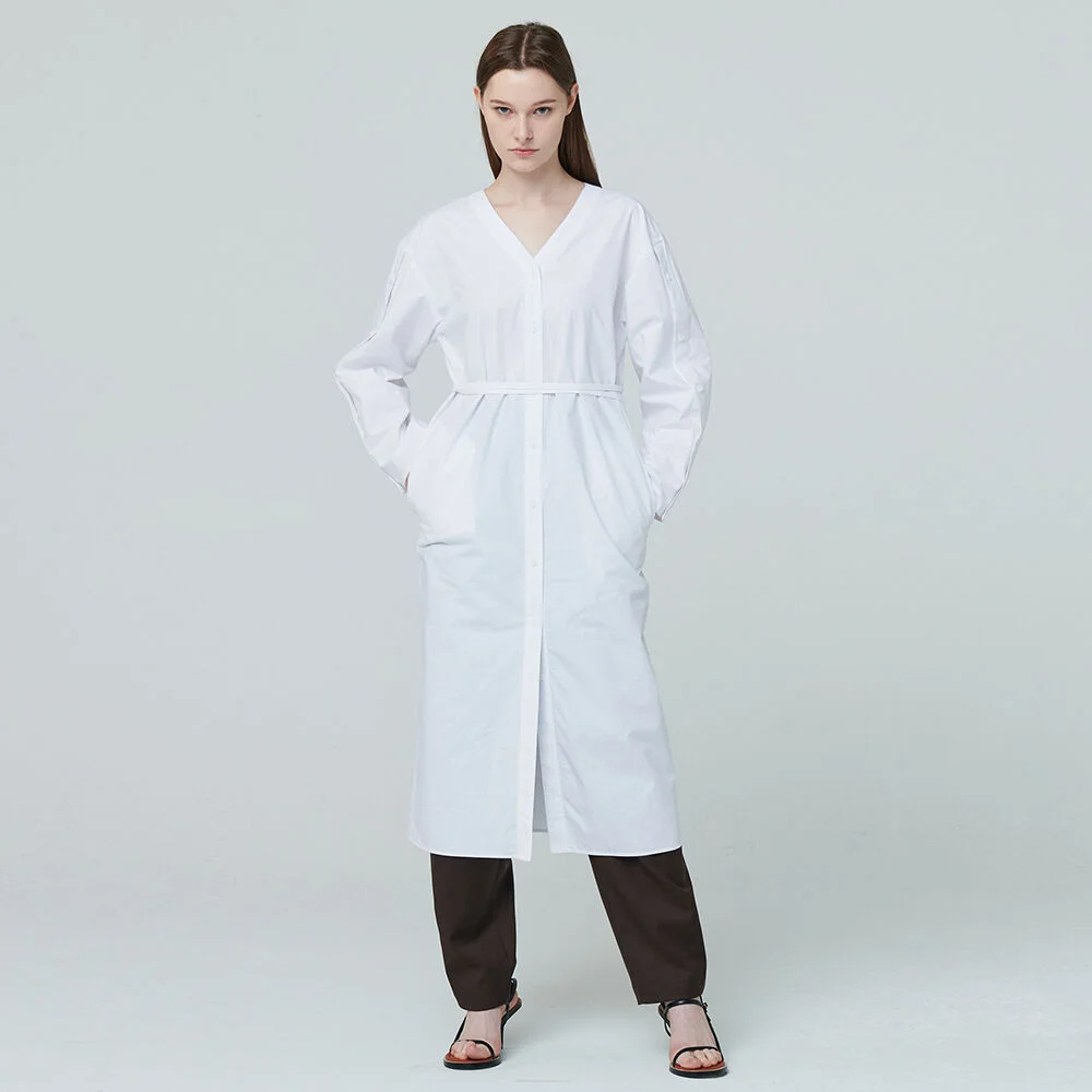 V Neck Shirt Long Dress - White