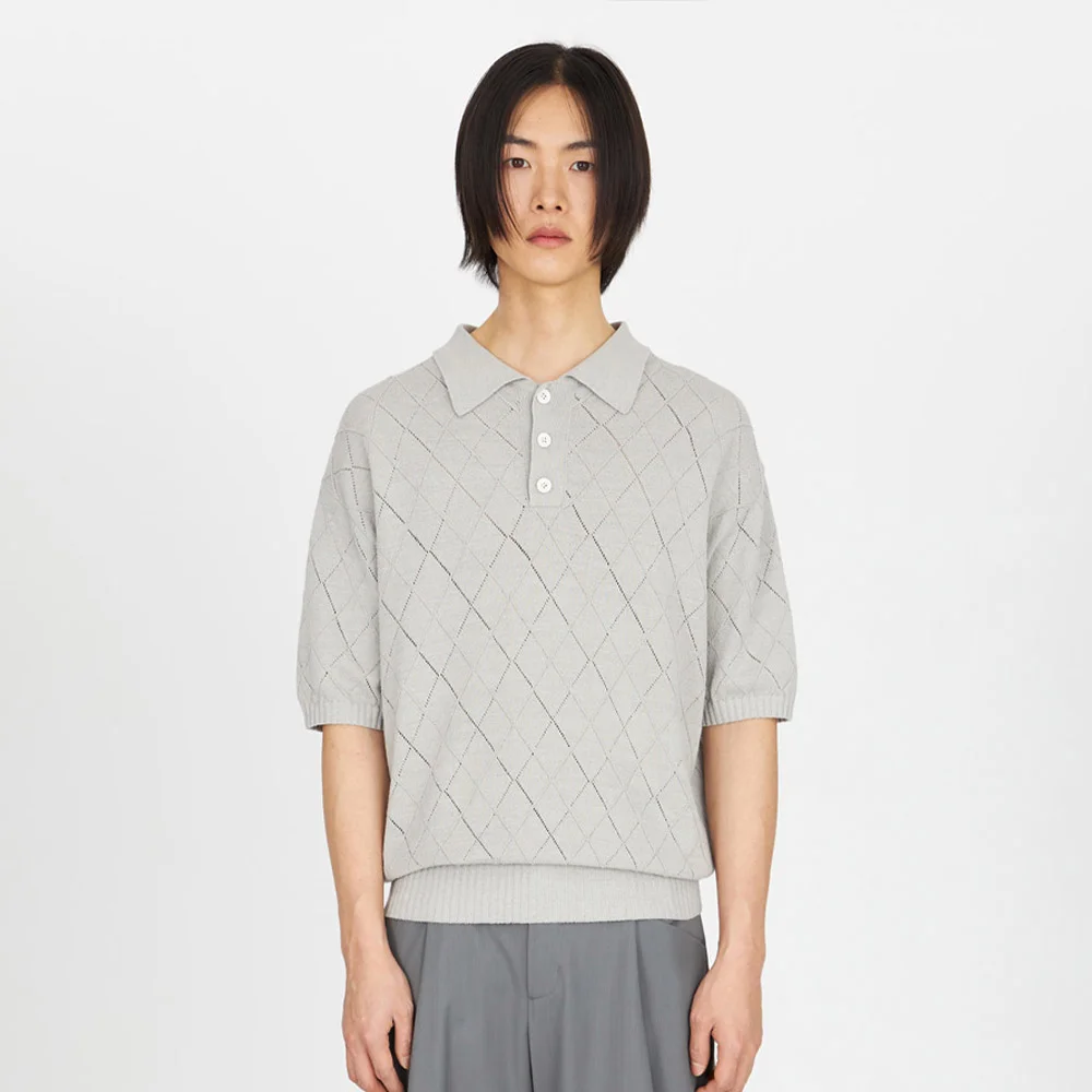 Argyle Knit Collar Half T-shirt (Light Grey)