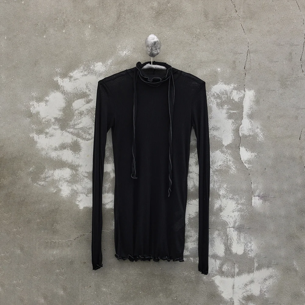 Tied High-neck Jersey Top-Black