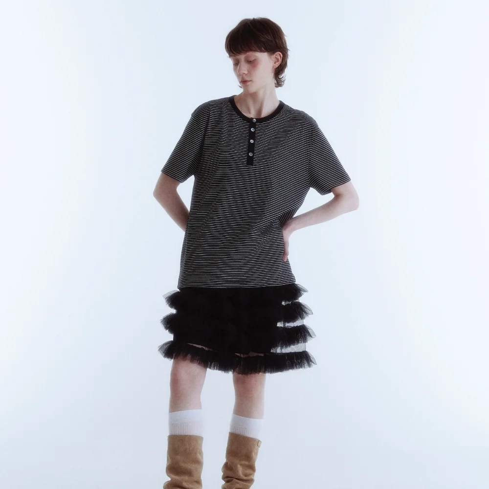 French Stripe Henley Neck Top_Black_W