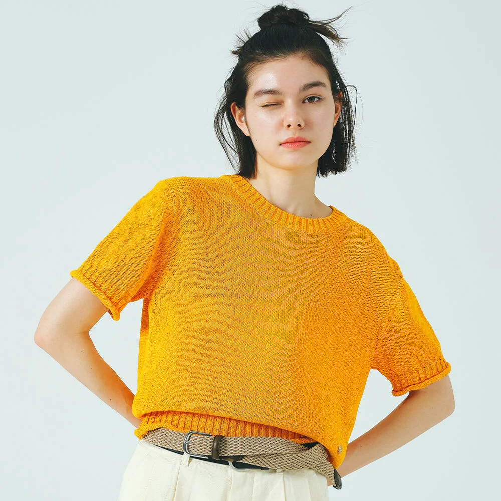 女裝 紙紗 圓領 半 針織衫 Orange