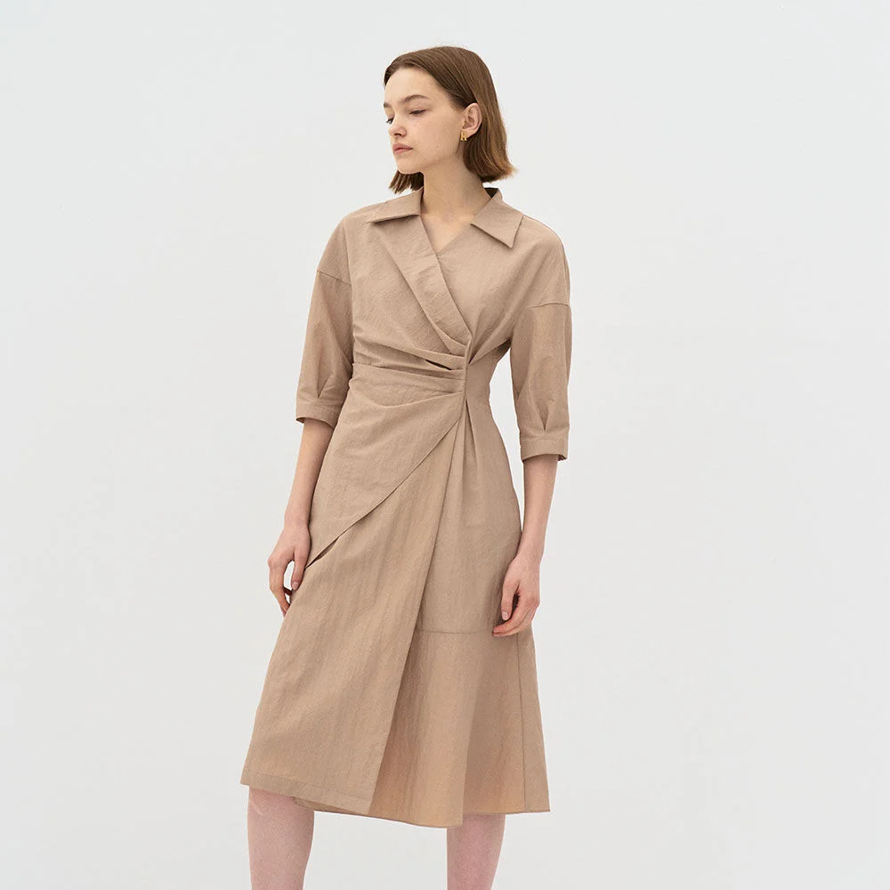 5P Draped asymmetric Tuck Dress - Cappuccino