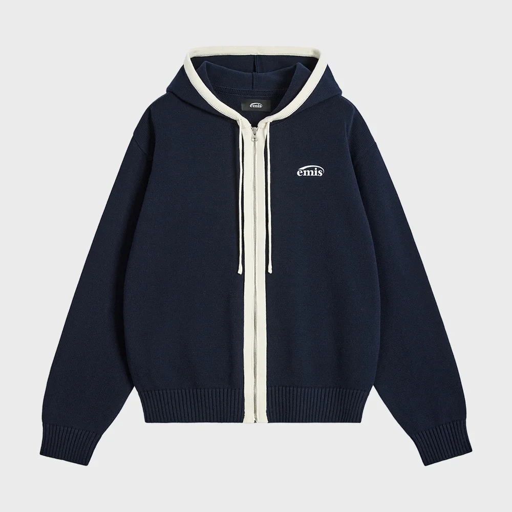 COLOR-BLOCK KNIT HOOD ZIP-UP-NAVY